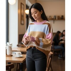 Like Love Striped Knit Sweater Women MED Pink Blue Brown Cozy Casual Long Sleeve